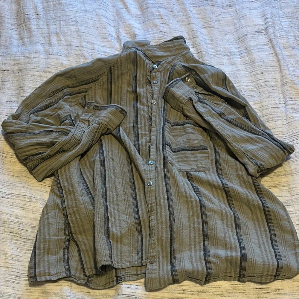 BDG Striped Button Down Shirt - Gray and Black